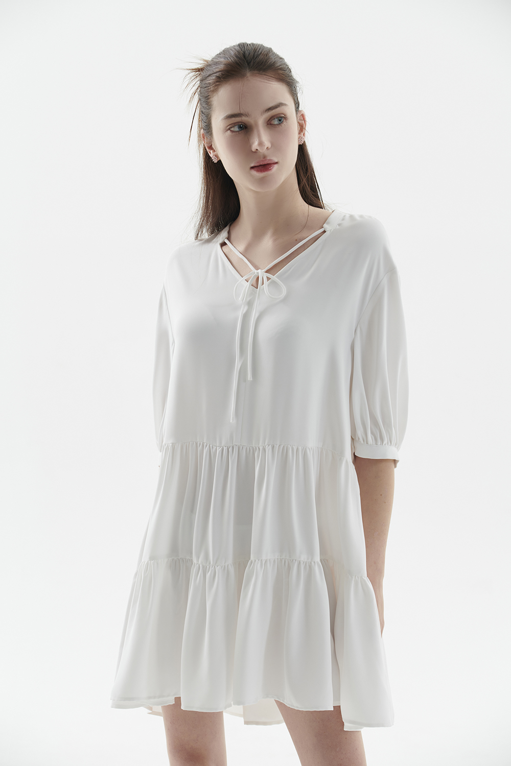 V Neck White Mini Dress